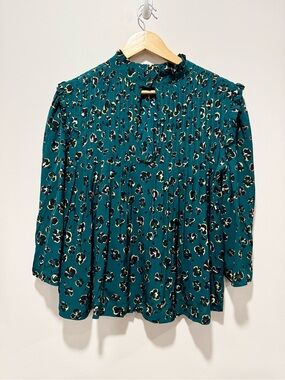 Caballero NWOT Collection Adeline Green Pansy Blouse Mock Neck Ruffle Size S